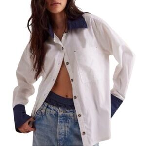 We The Free White and Navy Top Button Up